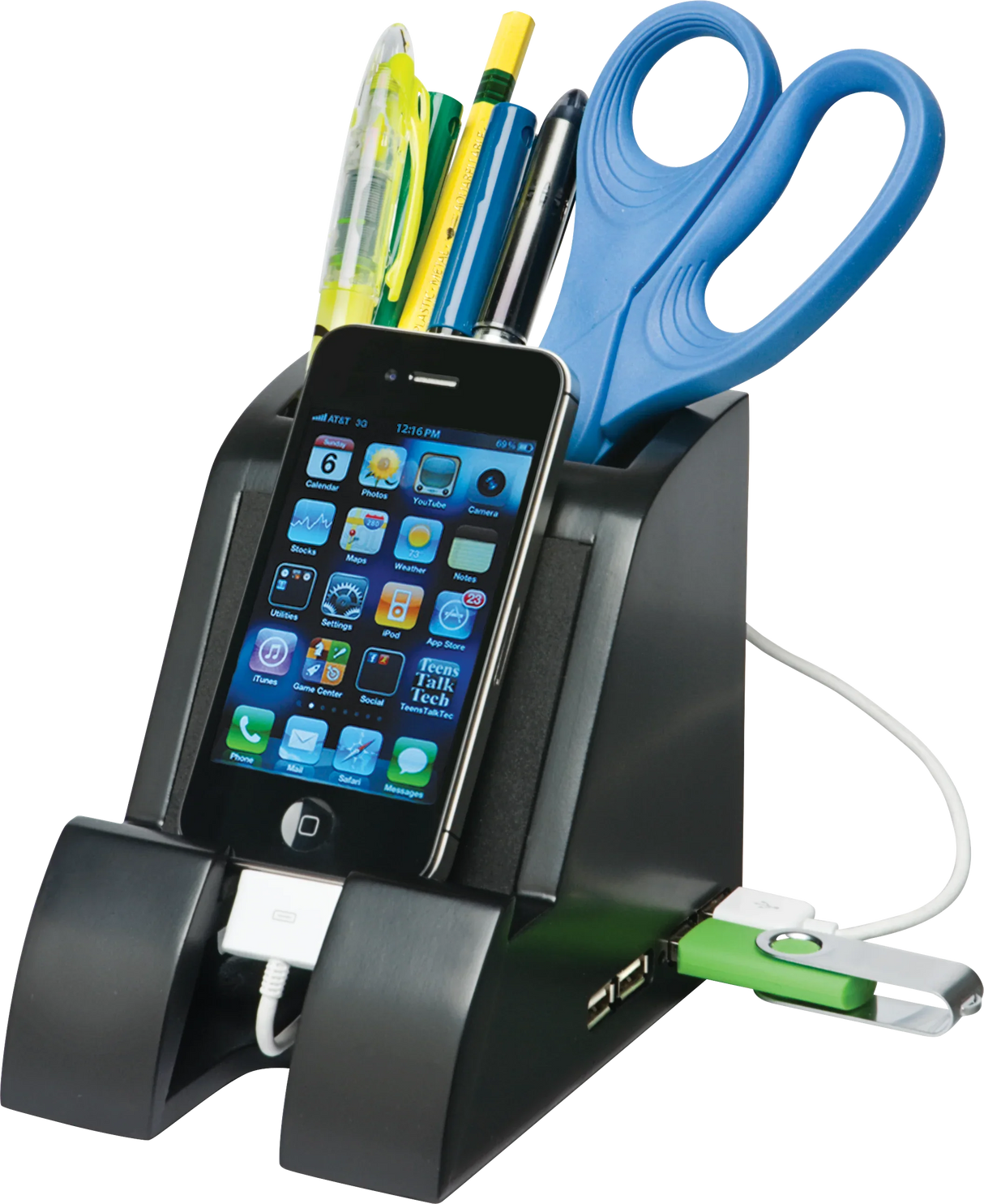 Smart charge pencil cup with USB hub holding pens, scissors, and charging a smartphone