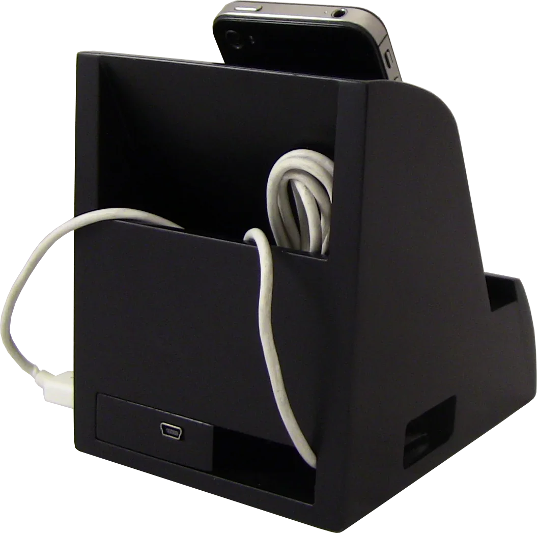 Black desk organizer with USB hub, smartphone, and charging cable for office workspace