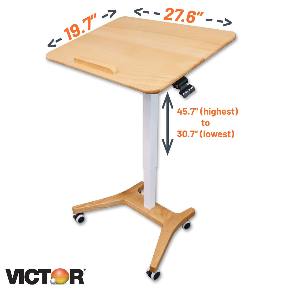 Adjustable height standing desk with wooden top, mobile base, and tilt feature for home or office workspace.