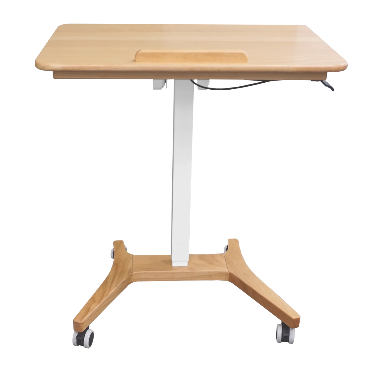 Portable standing desk with wooden top, white column, and wheeled base for home or office use