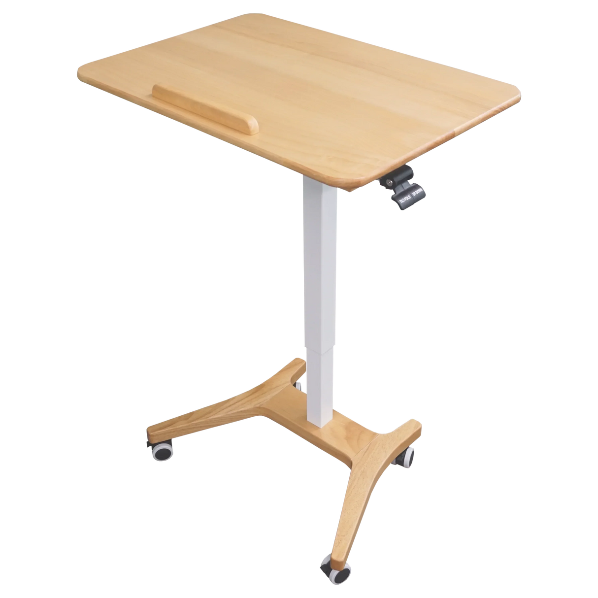 Adjustable standing desk with wooden top, white column, and mobile base for home or office use