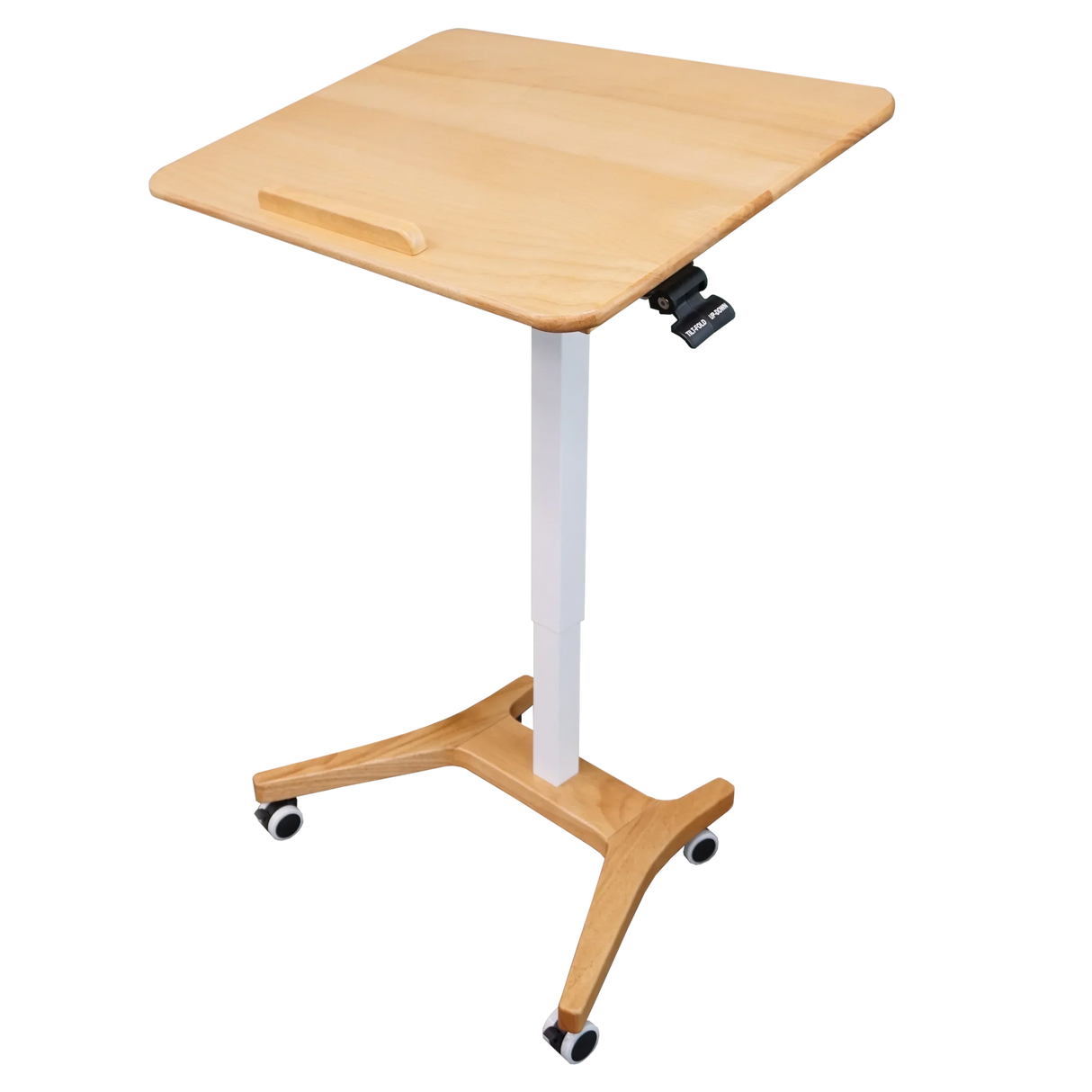 Adjustable height rolling desk with wooden top, white column, and casters for home or office use