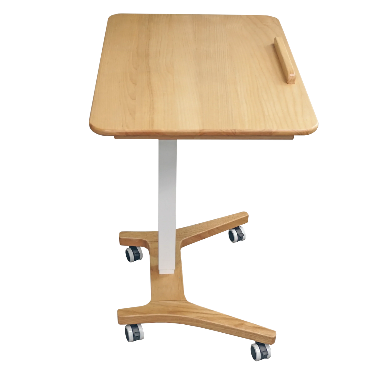 Mobile overbed table with wooden top, handle, and casters for home or office use