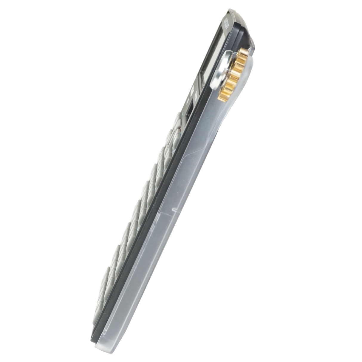 Side view of a slim scientific calculator with visible buttons and gold spinner component