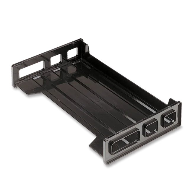 Black plastic stacking desktop letter tray for office document organization