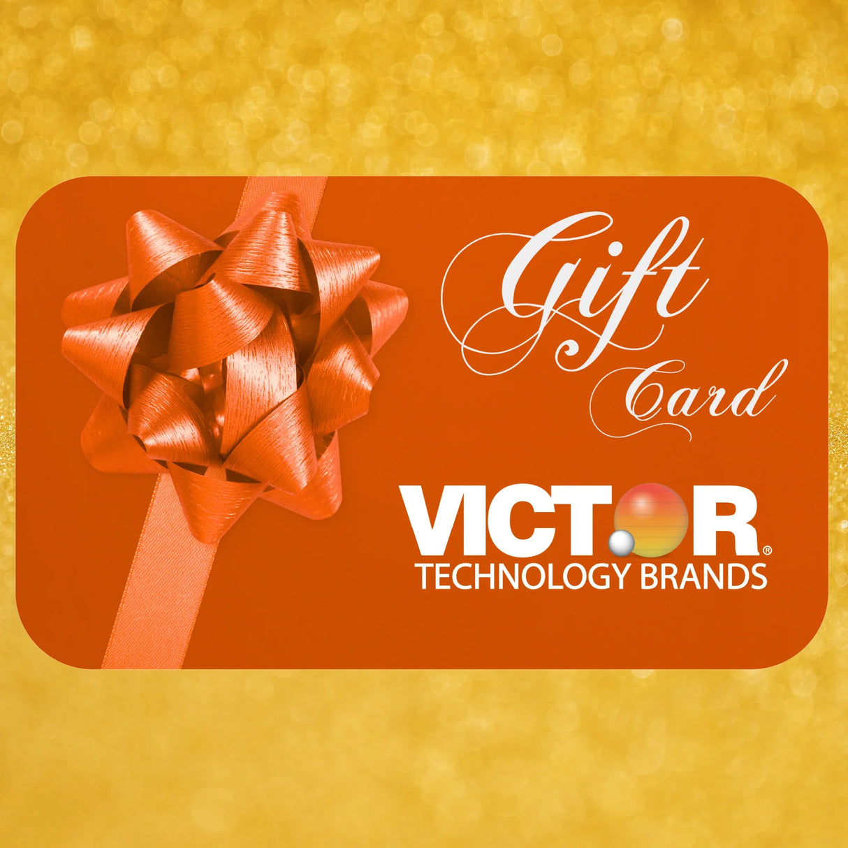 Gift card with red bow on orange background, white text, and gold sparkling border