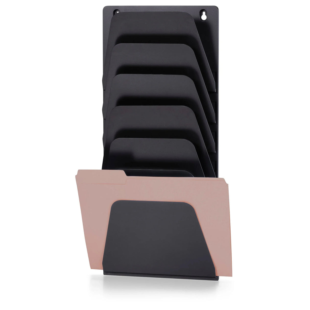 Black wall mount file holder with multiple slots and a beige file folder, office organizer