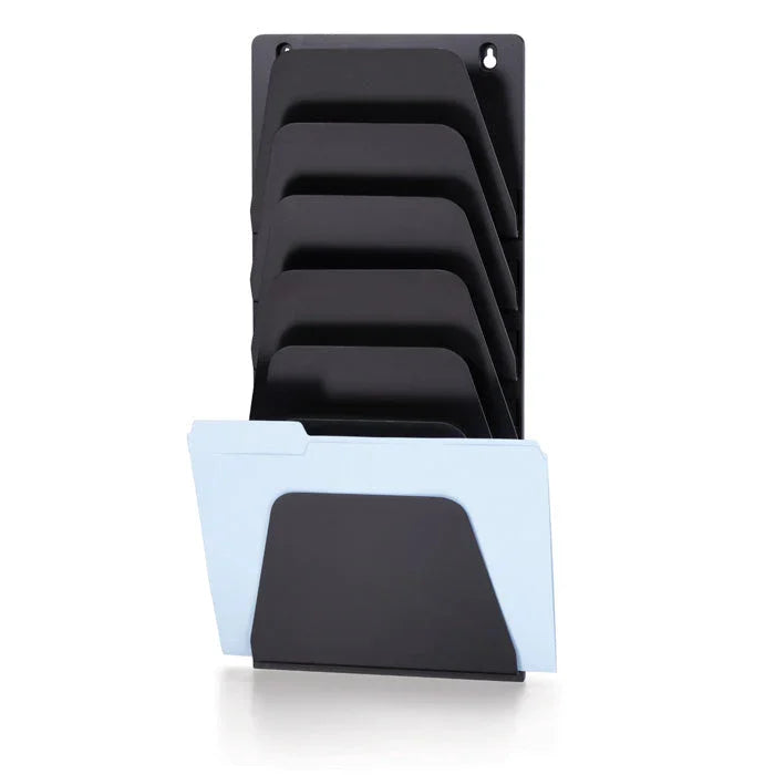 Black wall mount file holder with multiple sections and a blue file folder
