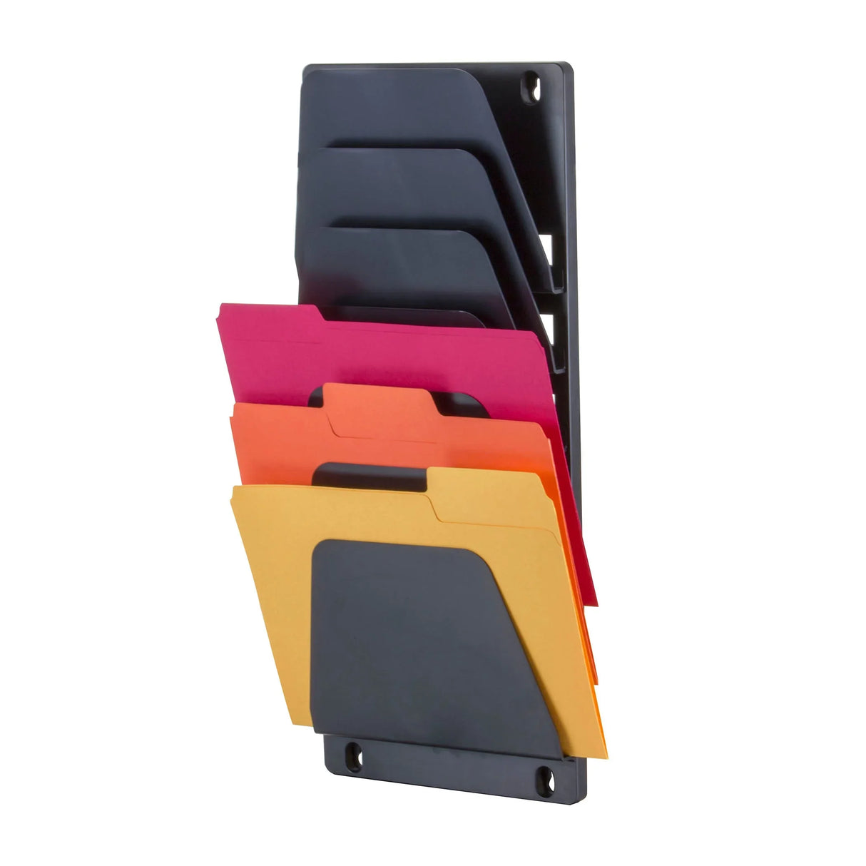 Wall mount file holder with black frame and colorful folders for office organization