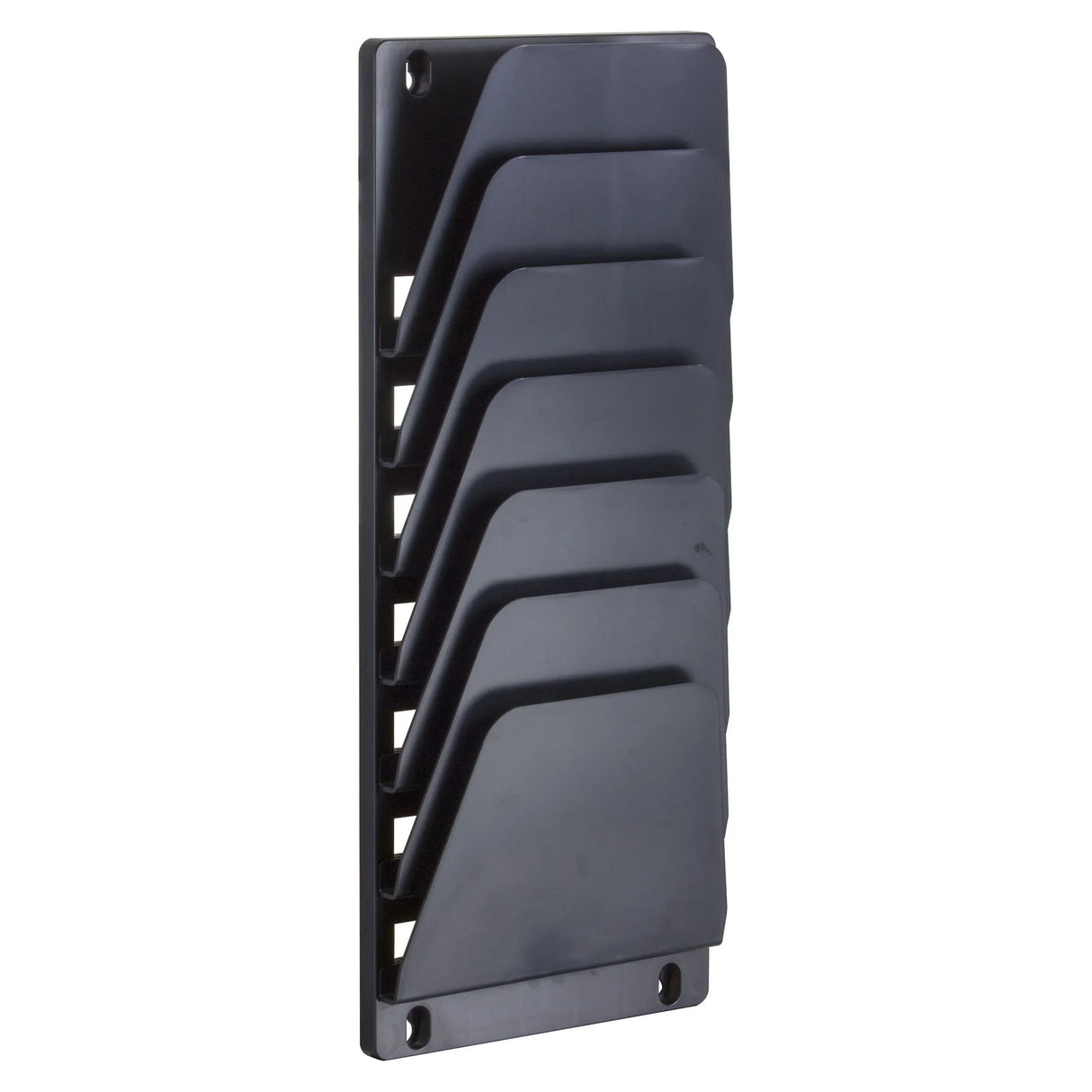 Black wall mount file holder organizer with multiple vertical slots for office storage