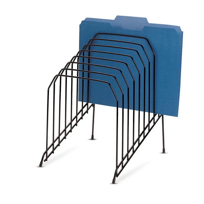 Wire incline sorter holding blue file folder, desktop file organizer for office