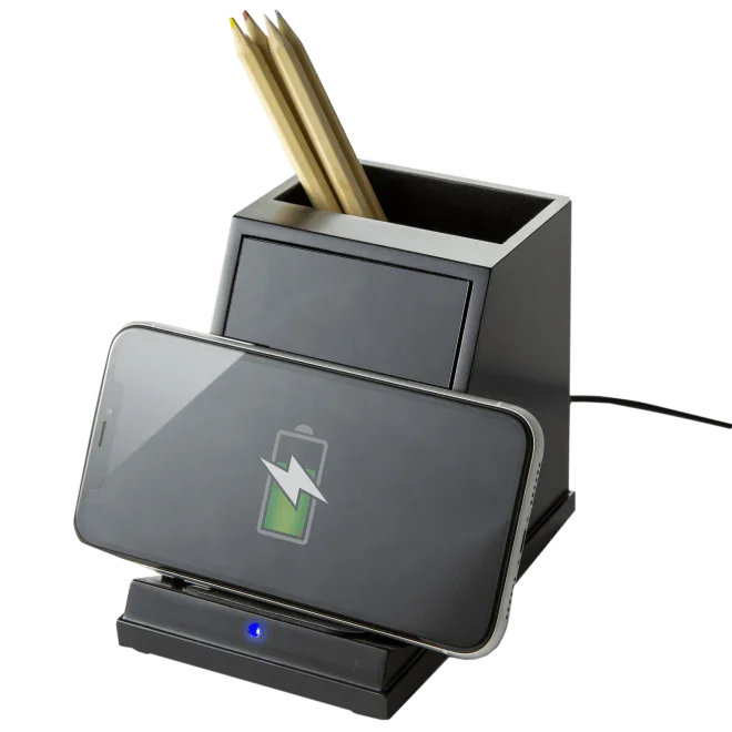 Wireless phone charger with black pencil cup holding pencils, desk organizer