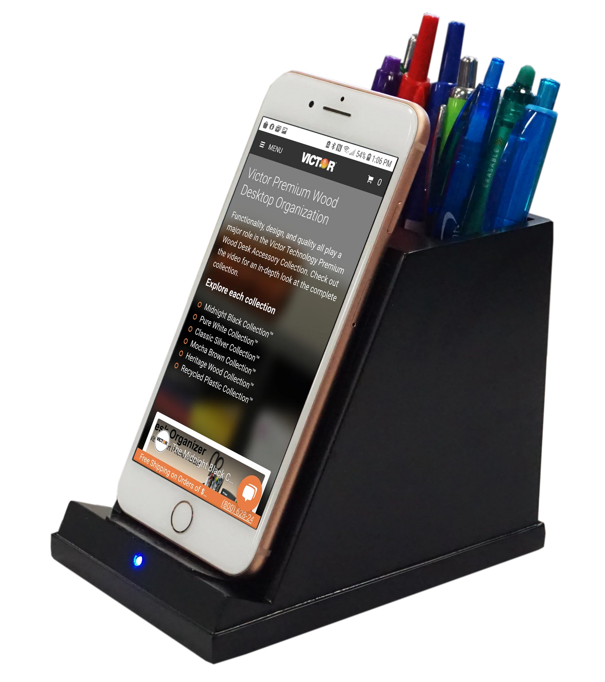 Wireless phone charger with pencil cup holding pens and smartphone on black desktop organizer