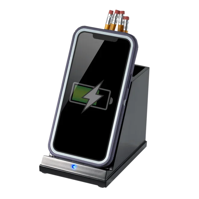 Wireless phone charger with pencil cup, phone charging, office desk organizer