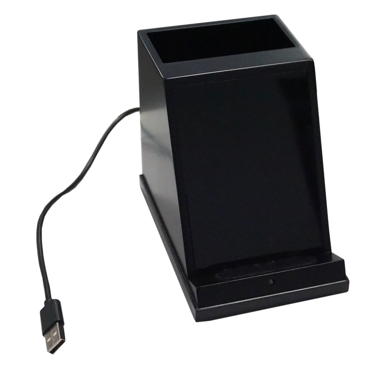 Black wireless phone charger with USB plug and integrated pencil cup organizer