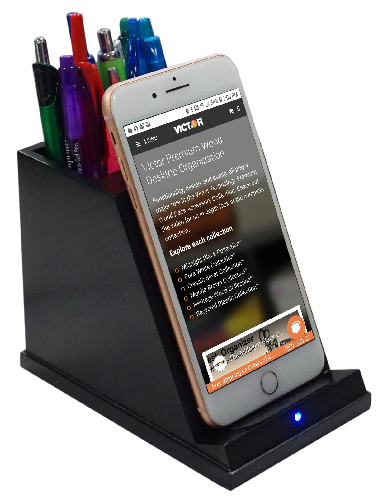 Wireless phone charger with pen holder, black, phone docked, LED indicator lit