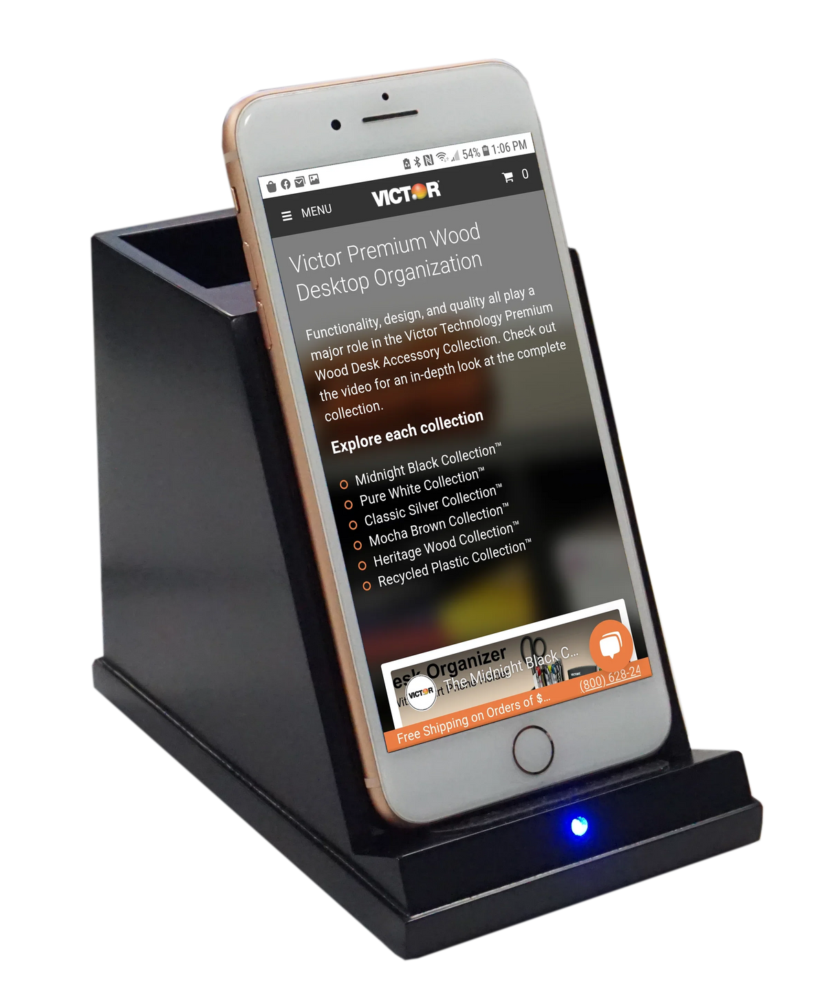 Black wireless phone charger with pencil cup, smartphone docked, blue LED indicator