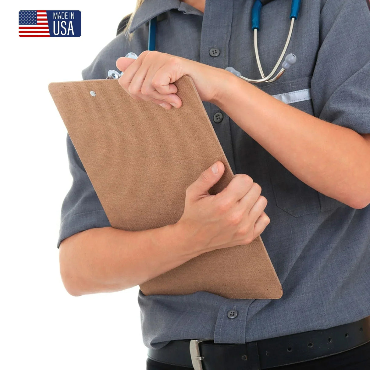 Medical professional holding brown clipboard, wearing stethoscope, Made in USA