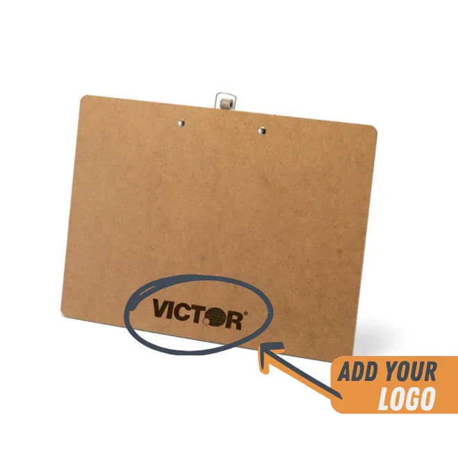 Wood clipboard with low profile metal clip and customizable logo space, back view