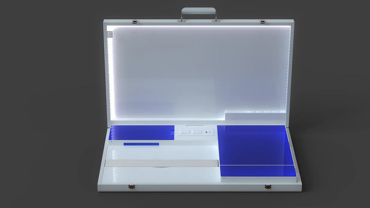 Modern white organizer case with blue compartments and LED lighting for workspace efficiency