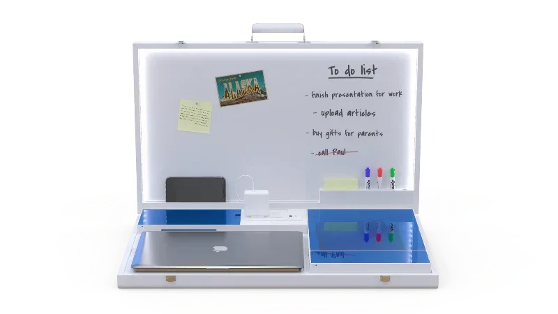 Portable whiteboard case with laptop, markers, and to-do list for productivity at work or school