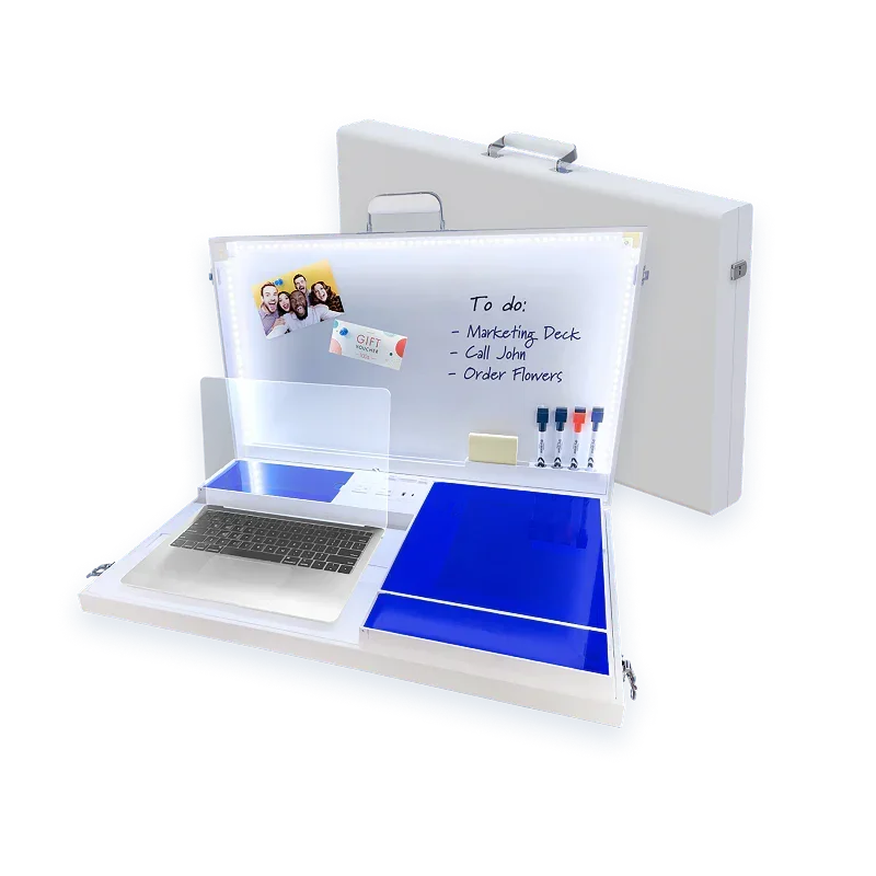 Portable whiteboard with LED lights, laptop, and markers for productivity and organization