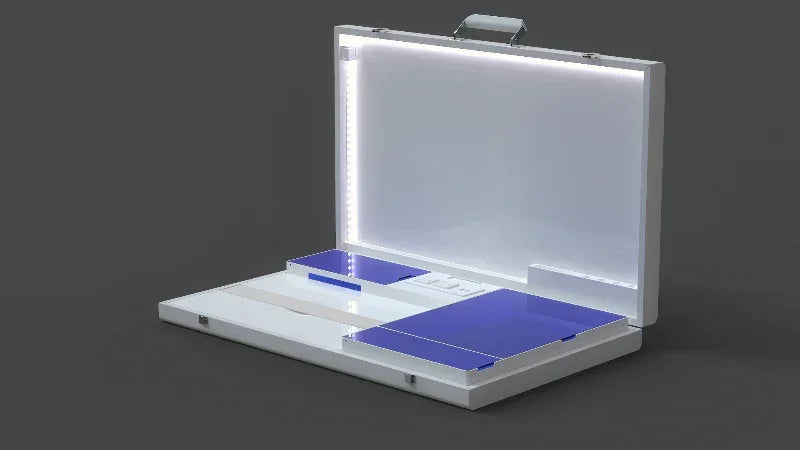Modern white briefcase with LED lighting and blue interior compartments for organized workspace solutions.