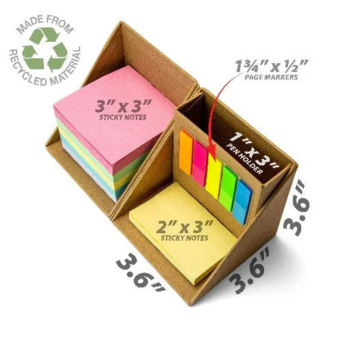 Cube desk organizer made from recycled material holding sticky notes and colorful page markers
