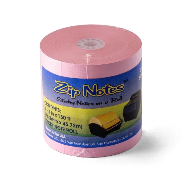 A roll of pink Victor® Zip Notes sticky notes on a refill paper roll.