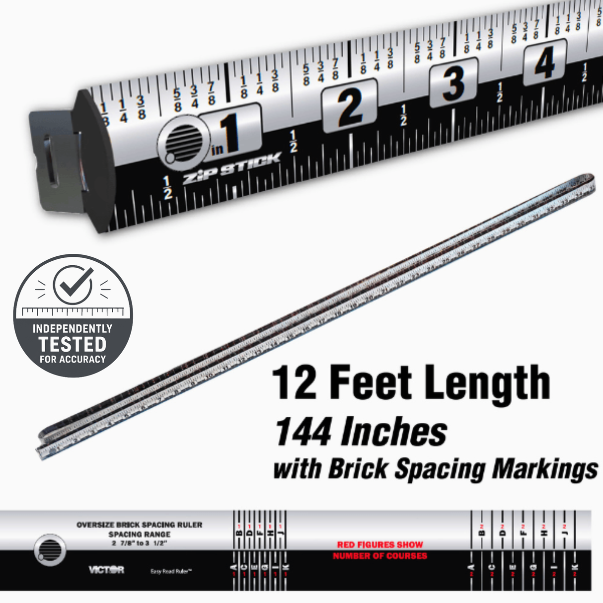 A 12-foot (144-inch) brick spacing ruler by Victor, shown with its black and silver metal body, black end caps, and printed measurement markings. The image includes text overlays highlighting the product's length and brick spacing markings, and a bottom banner showing the product's features.