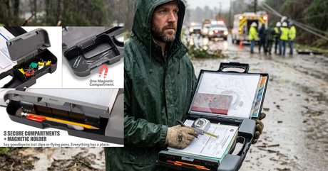 Man in rain gear using an Officemate portable clipboard storage case with magnetic compartments.