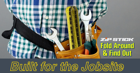 Zip Stick magnetic ruler and tools in a leather tool belt worn by a worker.