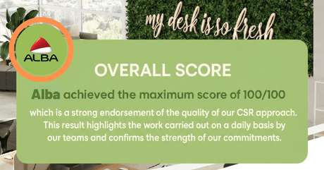 Graphic announcing Alba's perfect score of 100/100 for its CSR approach.