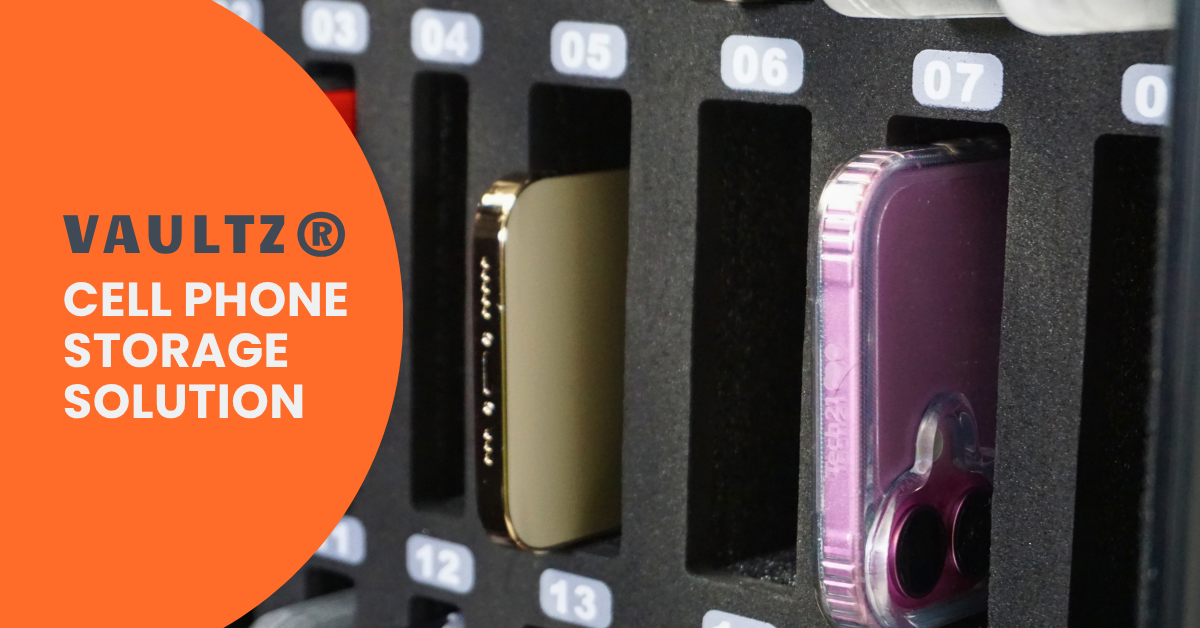 Cell phones stored in a numbered foam organizer, cell phone storage solution text on left.