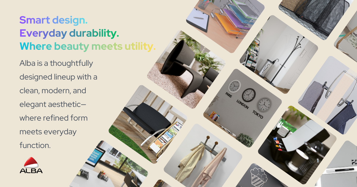Modern office and home organization products, coat racks, clocks, and storage solutions collage.