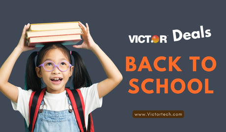 Smiling child with backpack and books, back to school deals banner, classroom essentials