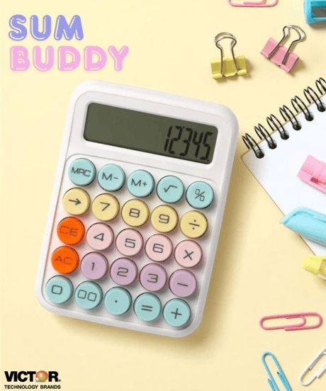 Colorful Sum Buddy classroom calculator with pastel buttons on a light yellow background.