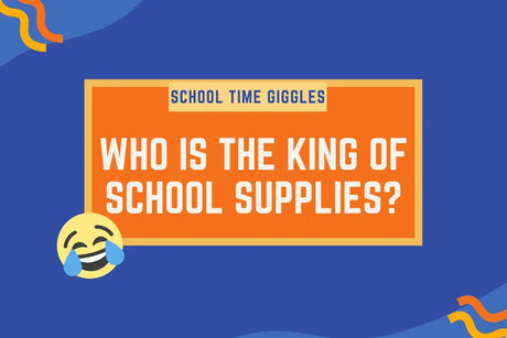 Orange graphic with text 'WHO IS THE KING OF SCHOOL SUPPLIES?' and a laughing emoji.