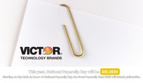 Gold paperclip on white paper with Victor Technology Brands logo and National Paperclip Day text.