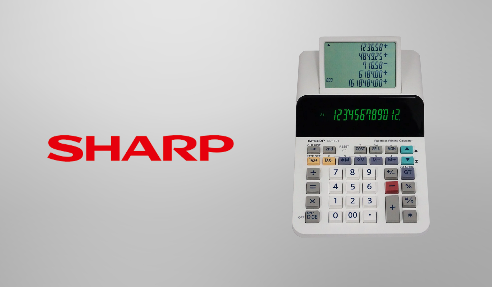 Sharp electronic desktop calculator with dual displays on gray background