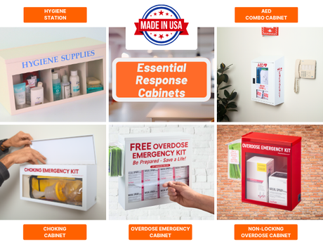 Collage of hygiene, AED, choking, and overdose emergency response cabinets in various settings