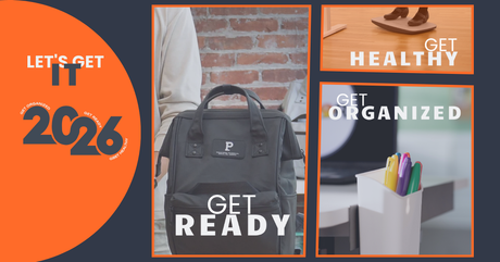 Collage for 2026 with a black laptop bag, a footrest, and colorful markers in an organizer.