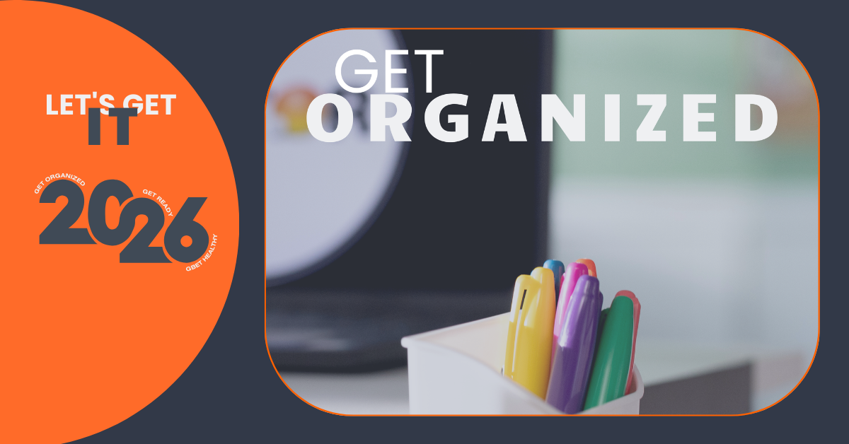 Desk organizer with colorful pens and text Get Organized, office organization concept