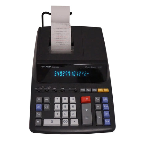 12-digit financial printing calculator with paper roll and large numeric keypad