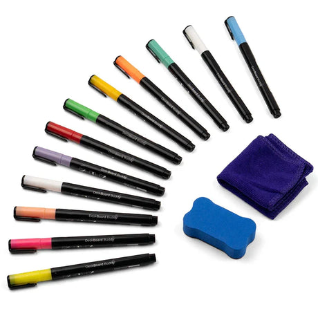 Set of colorful dry erase markers, blue eraser, and purple cleaning cloth for office or classroom use