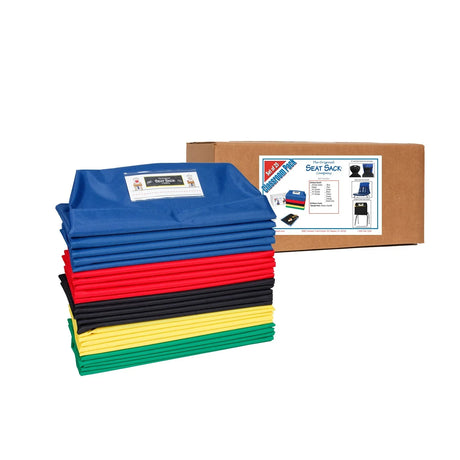 Stack of colorful seat sacks for classroom chairs with a labeled box in the background
