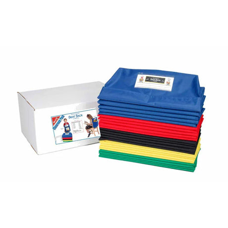 Stack of colorful classroom seat sacks with product box for school organization.