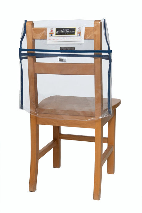 Clear seat sack organizer on wooden chair, school or office storage accessory
