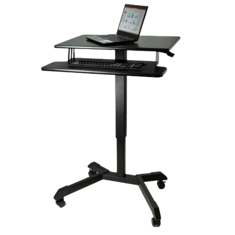 Adjustable standing desk with keyboard tray, black finish, laptop and keyboard setup