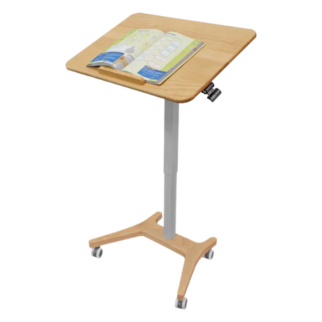 Mobile adjustable standing desk with tilting wood surface and open book on top